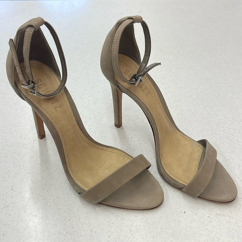 Schutz Cadey Lee soft leather stiletto sandals, size 6B, tan
